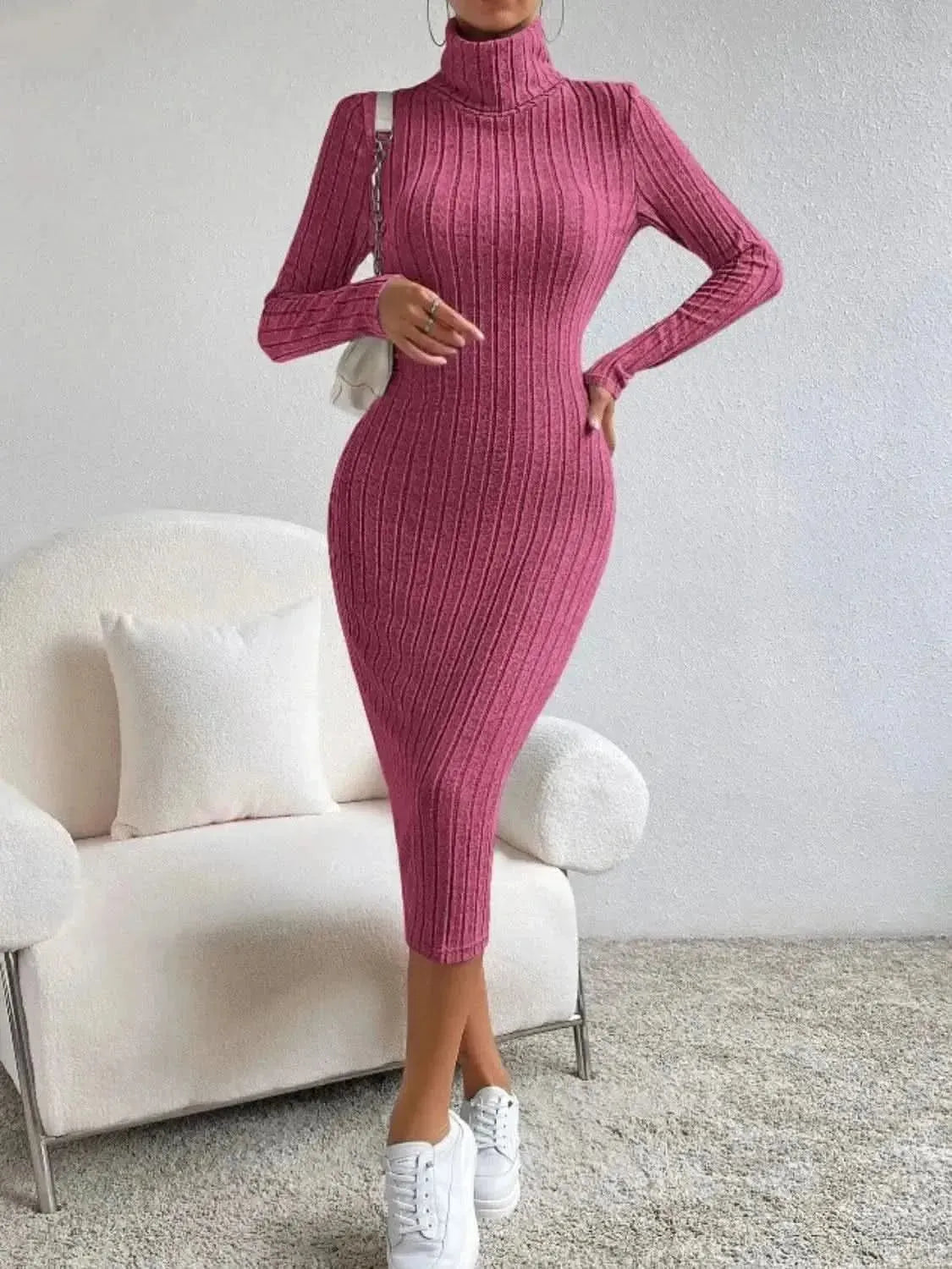 Turtleneck Long Sleeve Midi Sweater Dress - Bad Moms Club