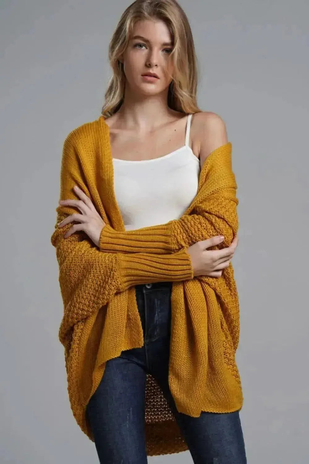 Dolman Sleeve Open Front Ribbed Trim Longline Cardigan - Bad Moms Club