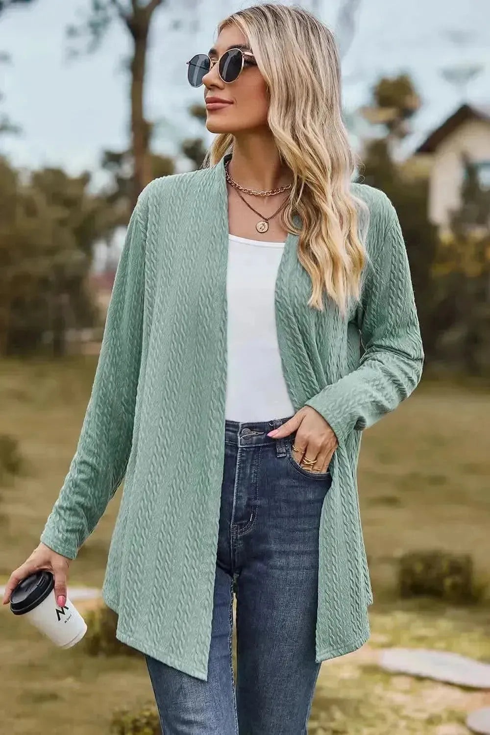 Textured Open Front Long Sleeve Cardigan - Bad Moms Club