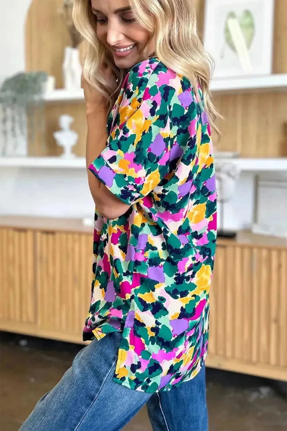 Double Take Full Size Printed V-Neck Short Sleeve Side Slit Top - Bad Moms Club