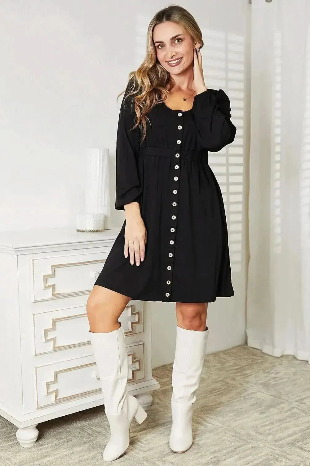 Double Take Scoop Neck Empire Waist Long Sleeve Magic Dress - Bad Moms Club