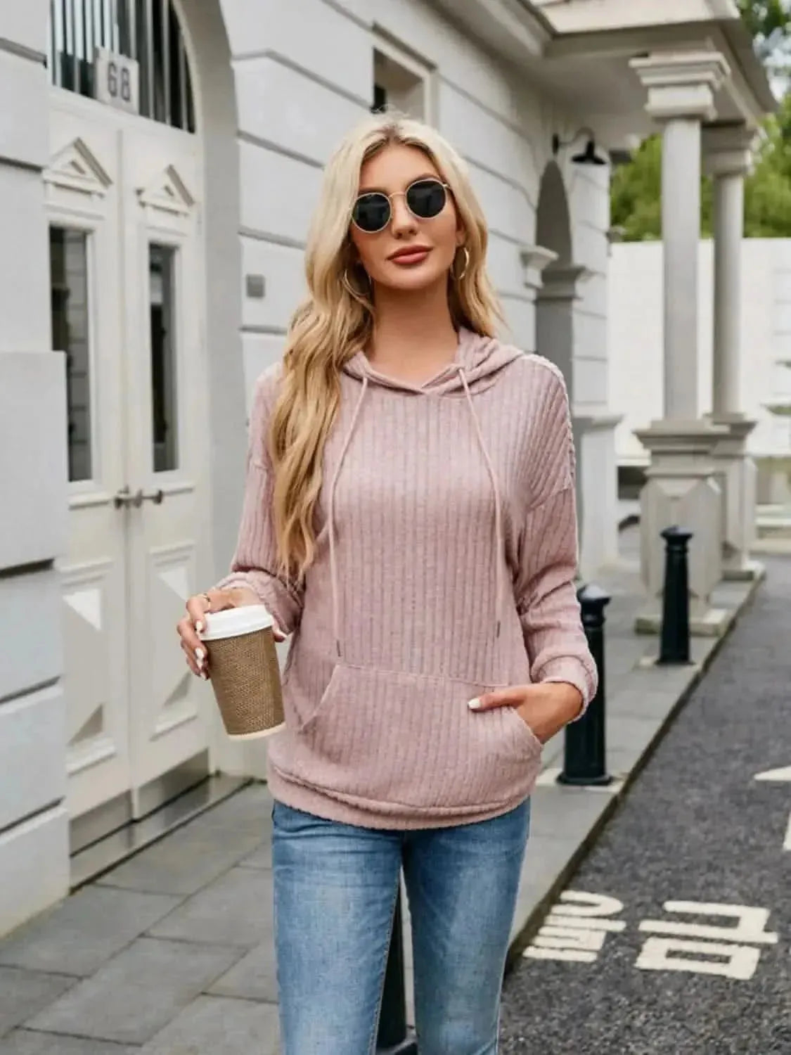 Ribbed Drawstring Long Sleeve Hoodie - Bad Moms Club