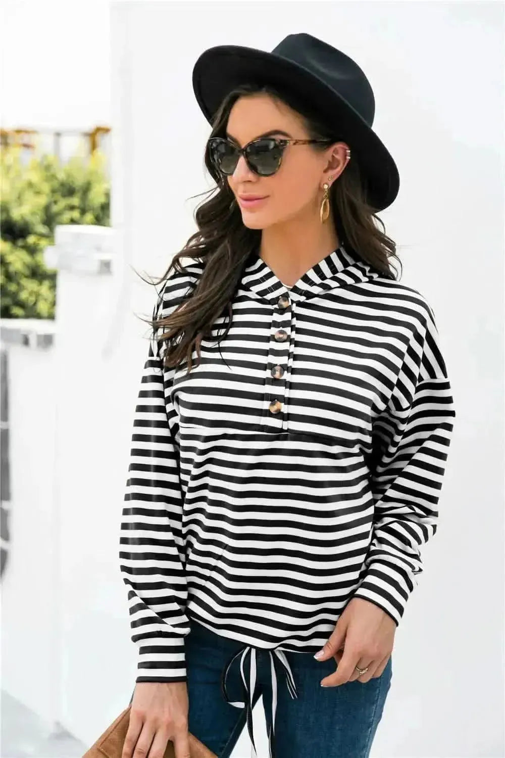 Striped Half-Button Dropped Shoulder Hoodie - Bad Moms Club