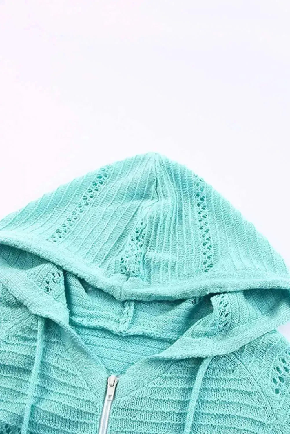 Zip-Up Raglan Sleeve Openwork Hooded Cardigan - Bad Moms Club