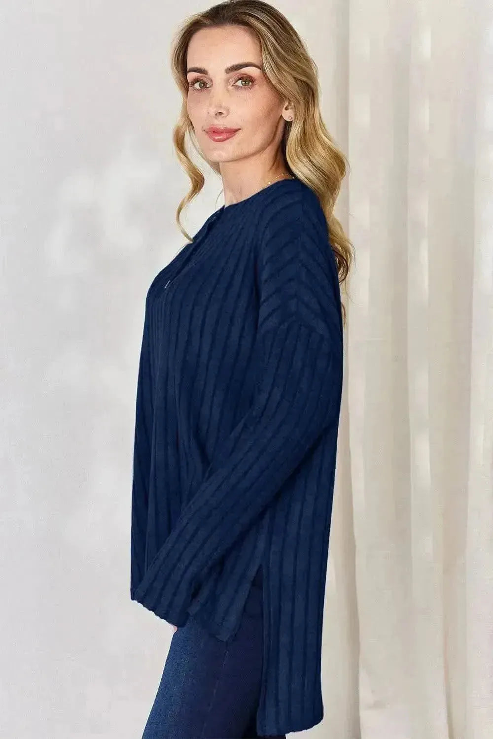 Basic Bae Full Size Ribbed Half Button Long Sleeve High-Low T-Shirt - Bad Moms Club