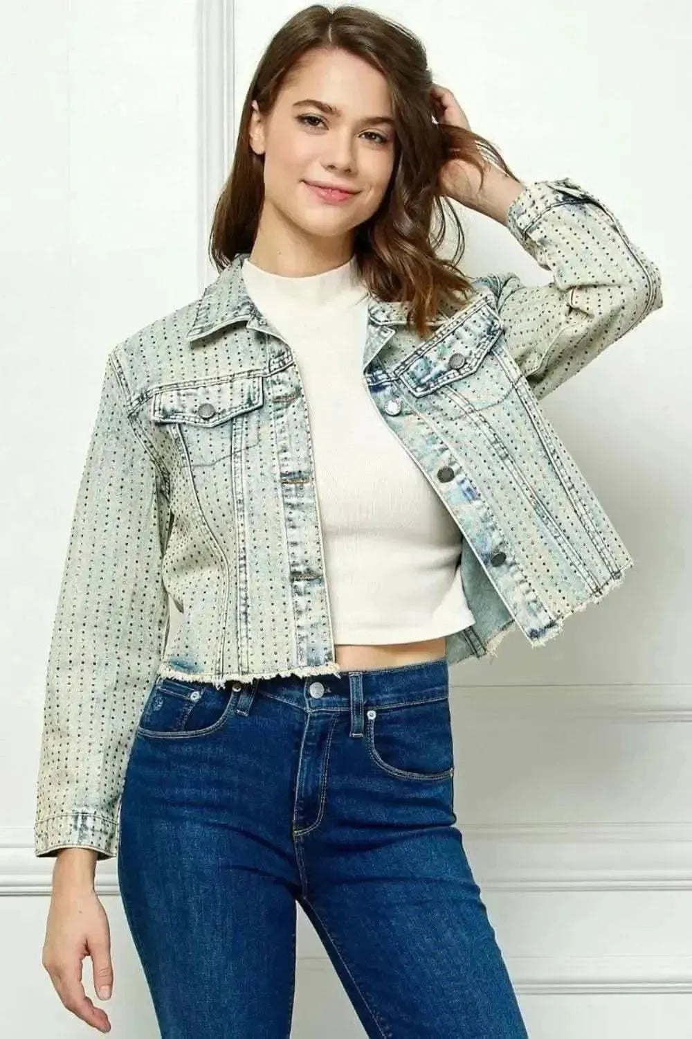 Veveret Multi Color Stripe Rhinestone Raw Hem Denim Jacket - Bad Moms Club