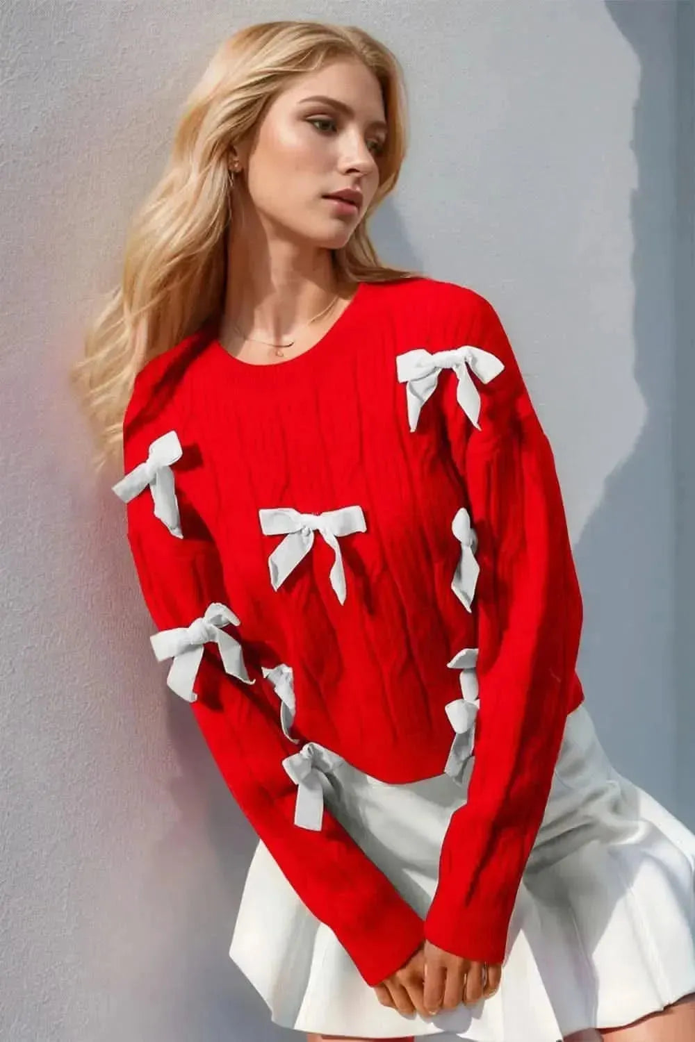 Double Take Full Size Bow Cable-Knit Round Neck Sweater - Bad Moms Club