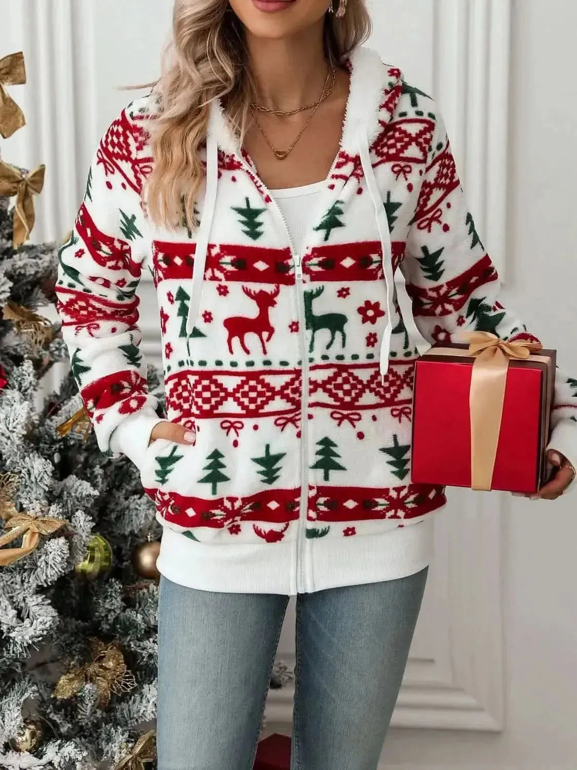 Drawstring Christmas Element Zip Up Hooded Jacket - Bad Moms Club