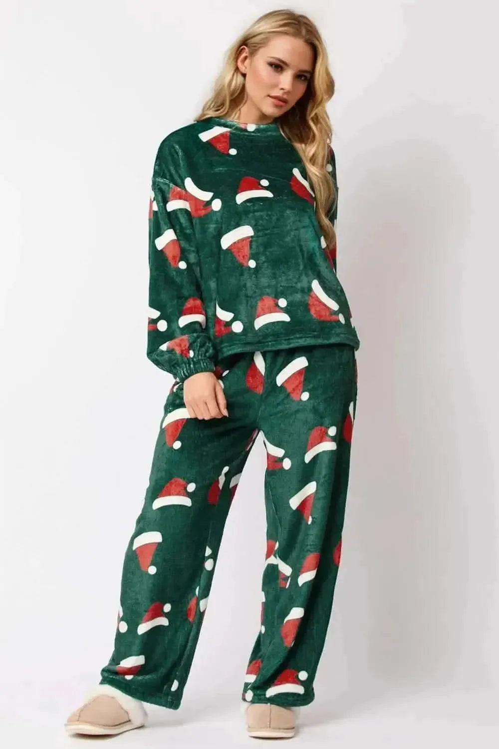Christmas Hat Pattern Round Neck Long Sleeve Top and Pants Set - Bad Moms Club