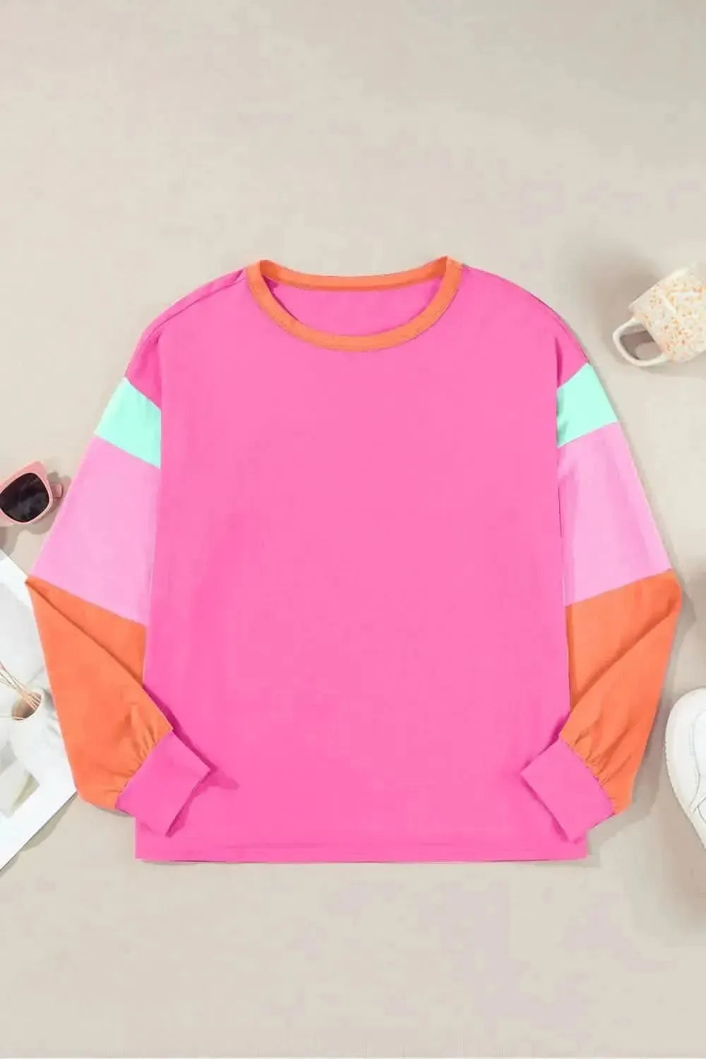 Color Block Round Neck Long Sleeve Top - Bad Moms Club