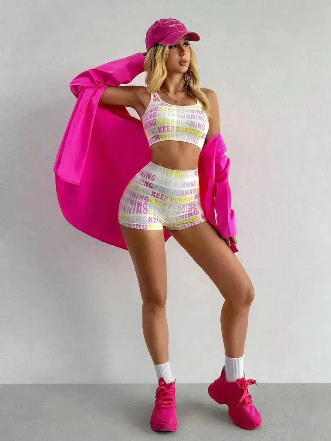 Letter Printed Wide Strap Top and Shorts Active Set - Bad Moms Club