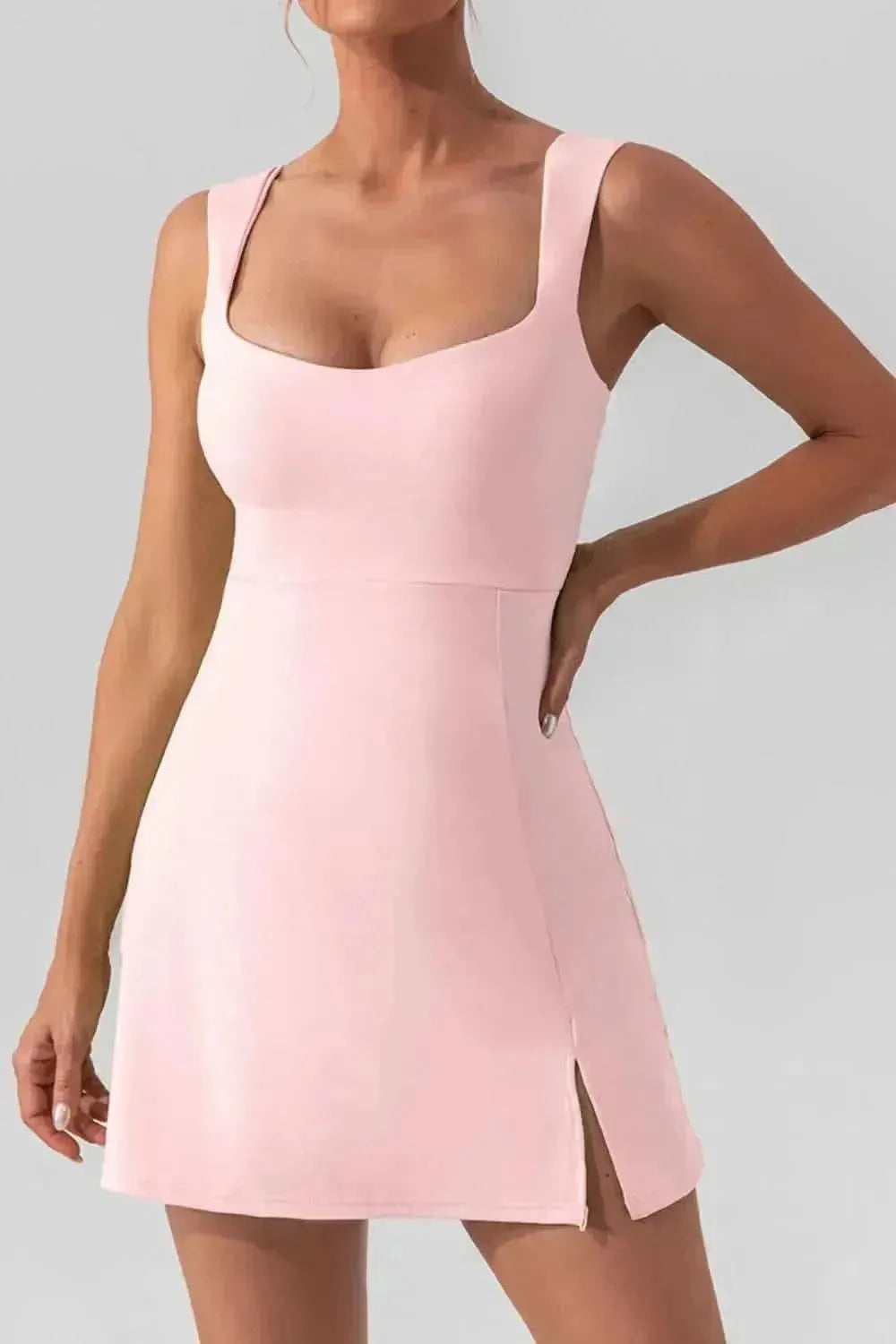Square Neck Sleeveless Slit Mini Active Dress - Bad Moms Club
