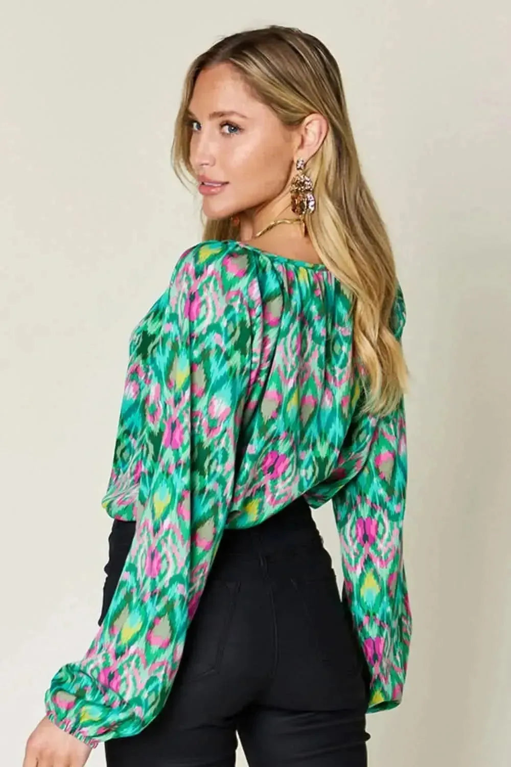 Double Take Full Size Printed Balloon Sleeve Blouse - Bad Moms Club