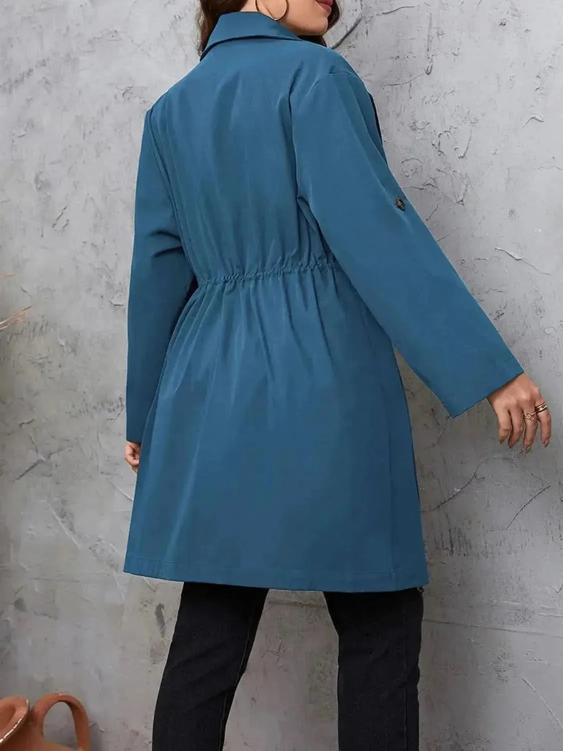 Plus Size Lapel Collar Drawstring Roll-Tab Sleeve Trench Coat - Bad Moms Club