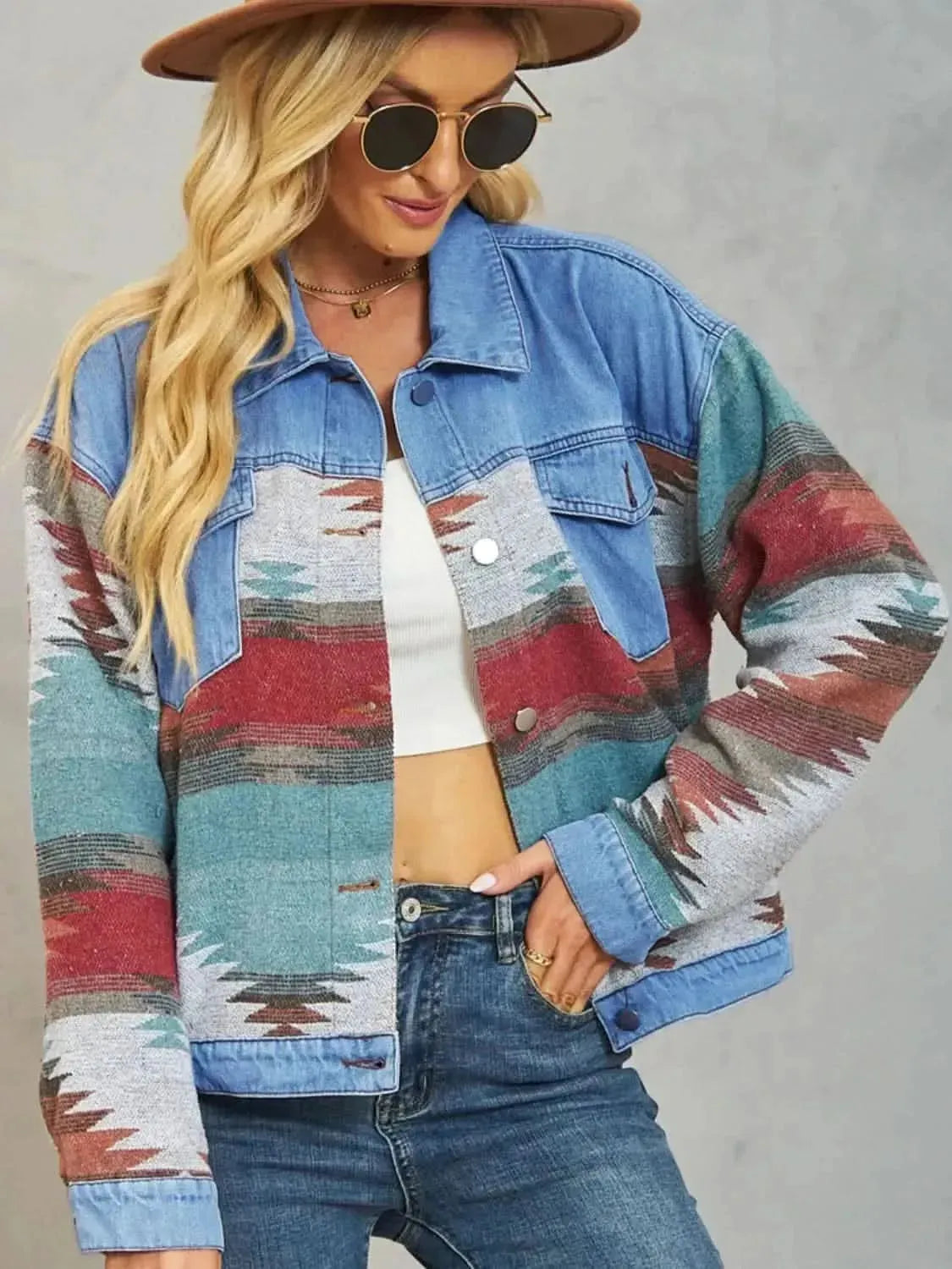Geometric Button Up Dropped Shoulder Denim Jacket - Bad Moms Club