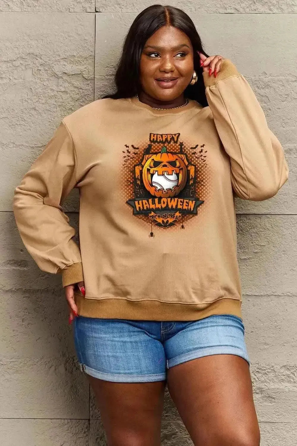 Simply Love Full Size HAPPY HALLOWEEN Graphic Sweatshirt - Bad Moms Club