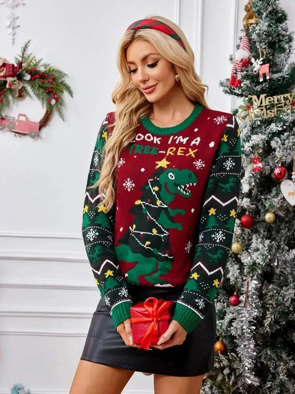 Christmas Element Round Neck Long Sleeve Sweater - Bad Moms Club