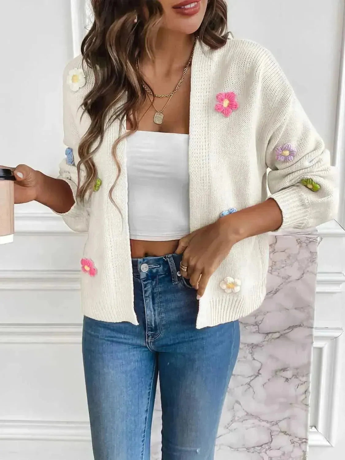 Floral Long Sleeve Open Front Cardigan - Bad Moms Club