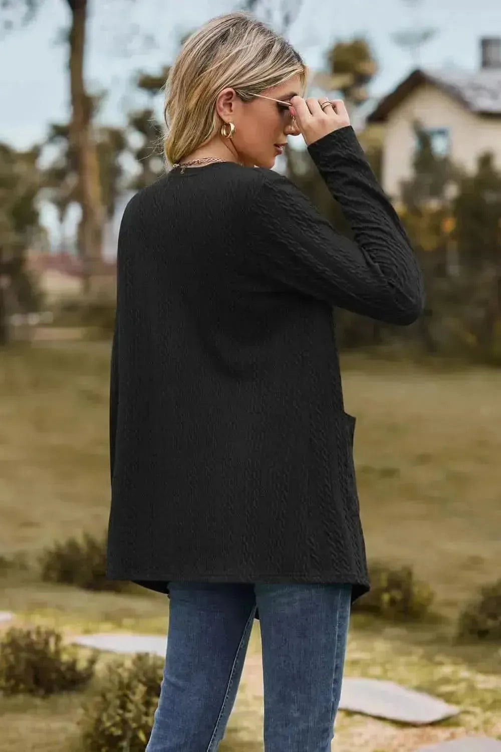 Cable-Knit Long Sleeve Cardigan with Pocket - Bad Moms Club