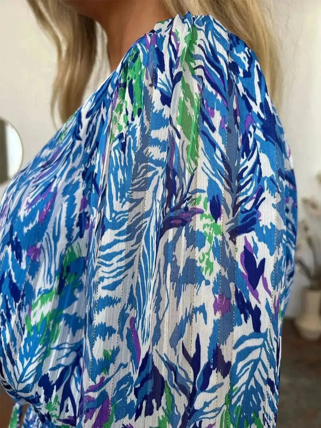 Double Take Full Size Printed Drawstring Waist Long Sleeve Dress - Bad Moms Club