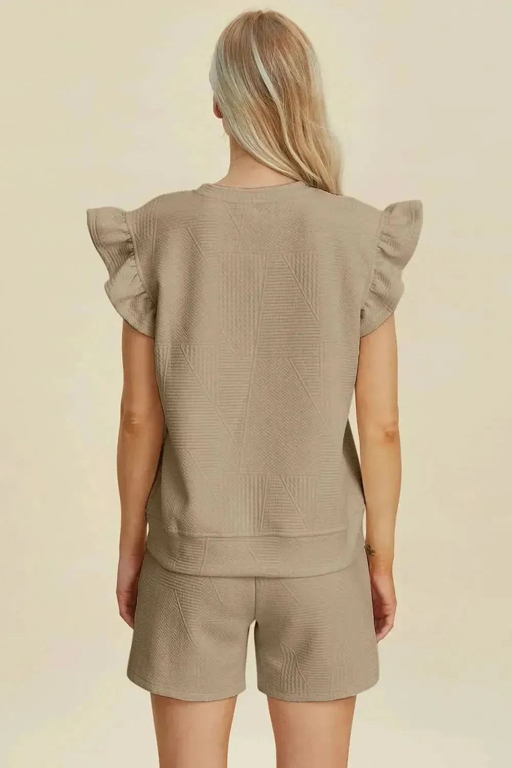 Double Take Full Size Texture Round Neck Ruffle Sleeve Top and Shorts Set - Bad Moms Club