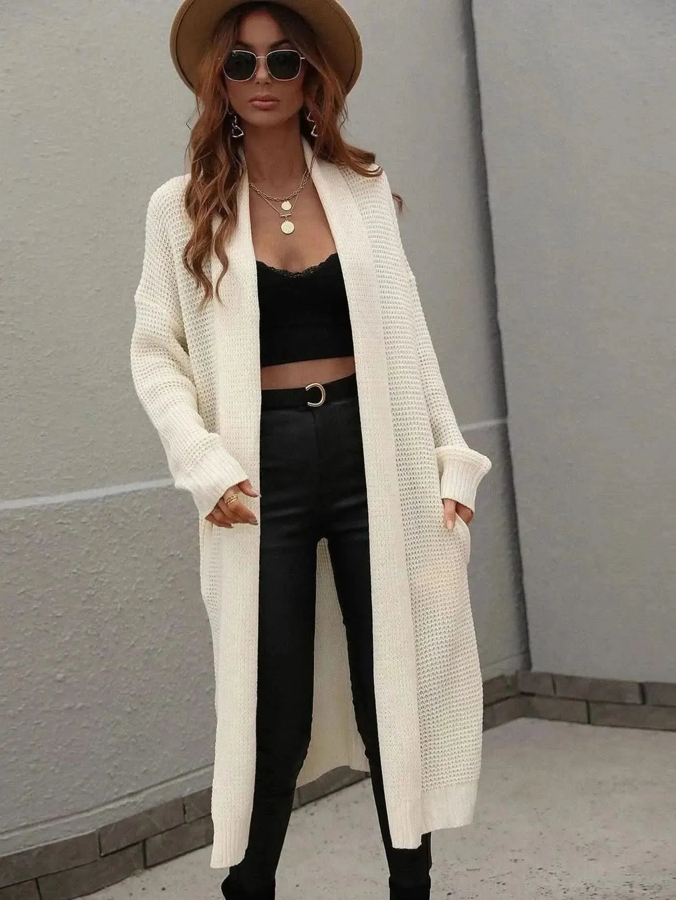 Waffle Knit Open Front Duster Cardigan With Pockets - Bad Moms Club