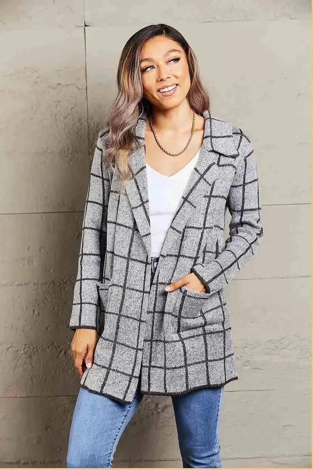 Printed Open Front Lapel Collar Cardigan with Pockets - Bad Moms Club