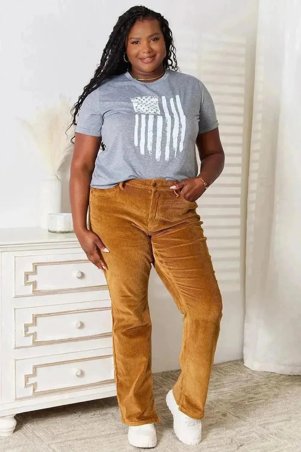 Simply Love US Flag Graphic Cuffed Sleeve T-Shirt - Bad Moms Club