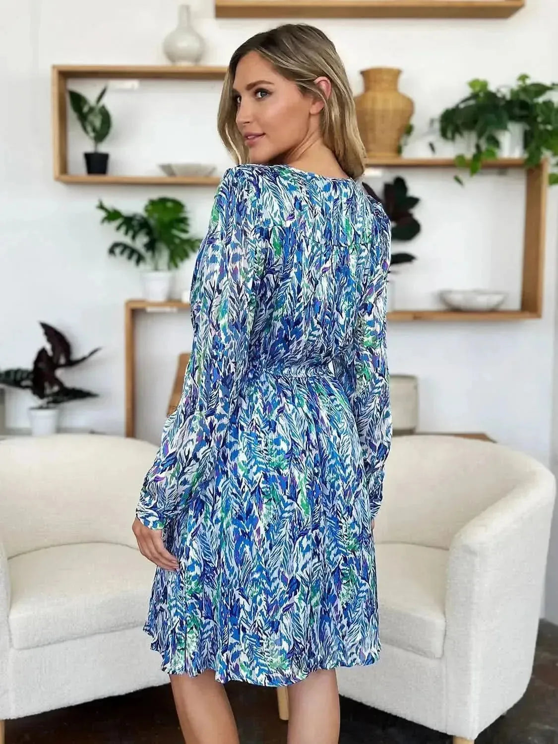 Double Take Full Size Printed Drawstring Waist Long Sleeve Dress - Bad Moms Club