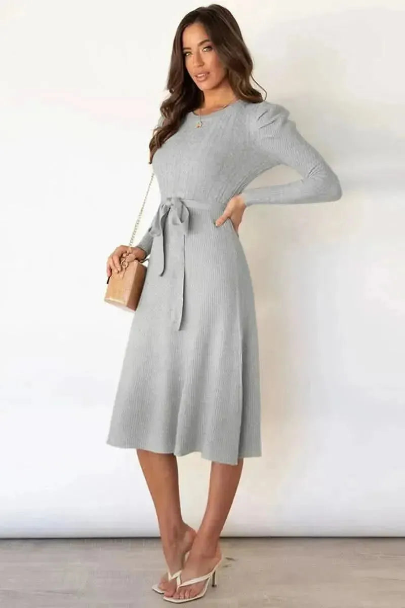 Round Neck Long Sleeve Tie Waist Sweater Dress - Bad Moms Club