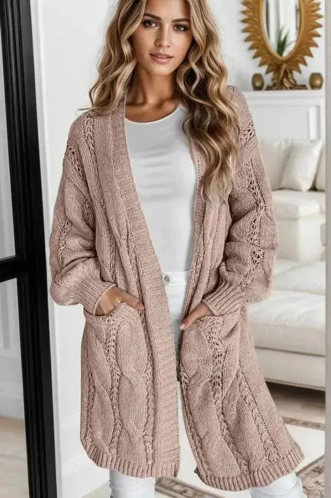 Cable-Knit Dropped Shoulder Slit Cardigan - Bad Moms Club