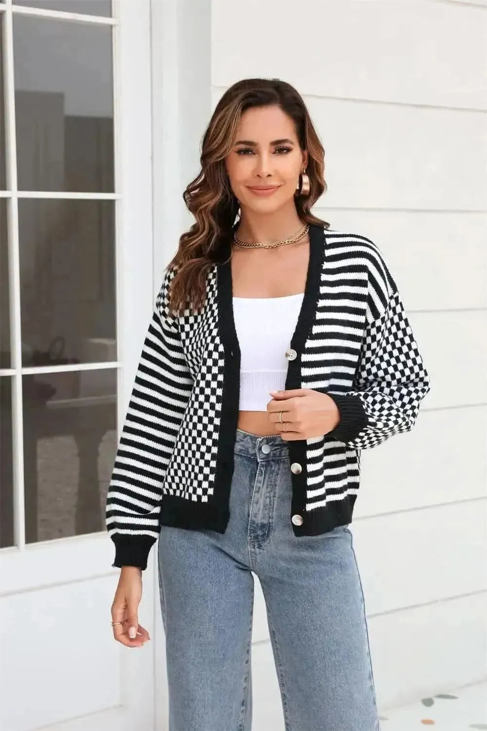 Button-Down Stripe & Plaid Contrast Pattern Cardigan - Bad Moms Club