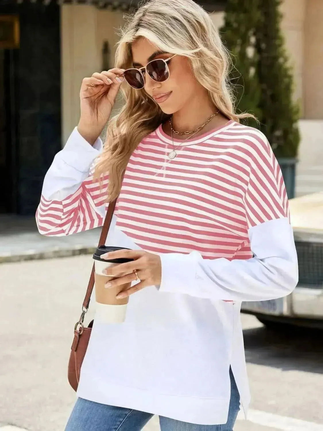 Slit Contrast Striped Long Sleeve Sweatshirt - Bad Moms Club
