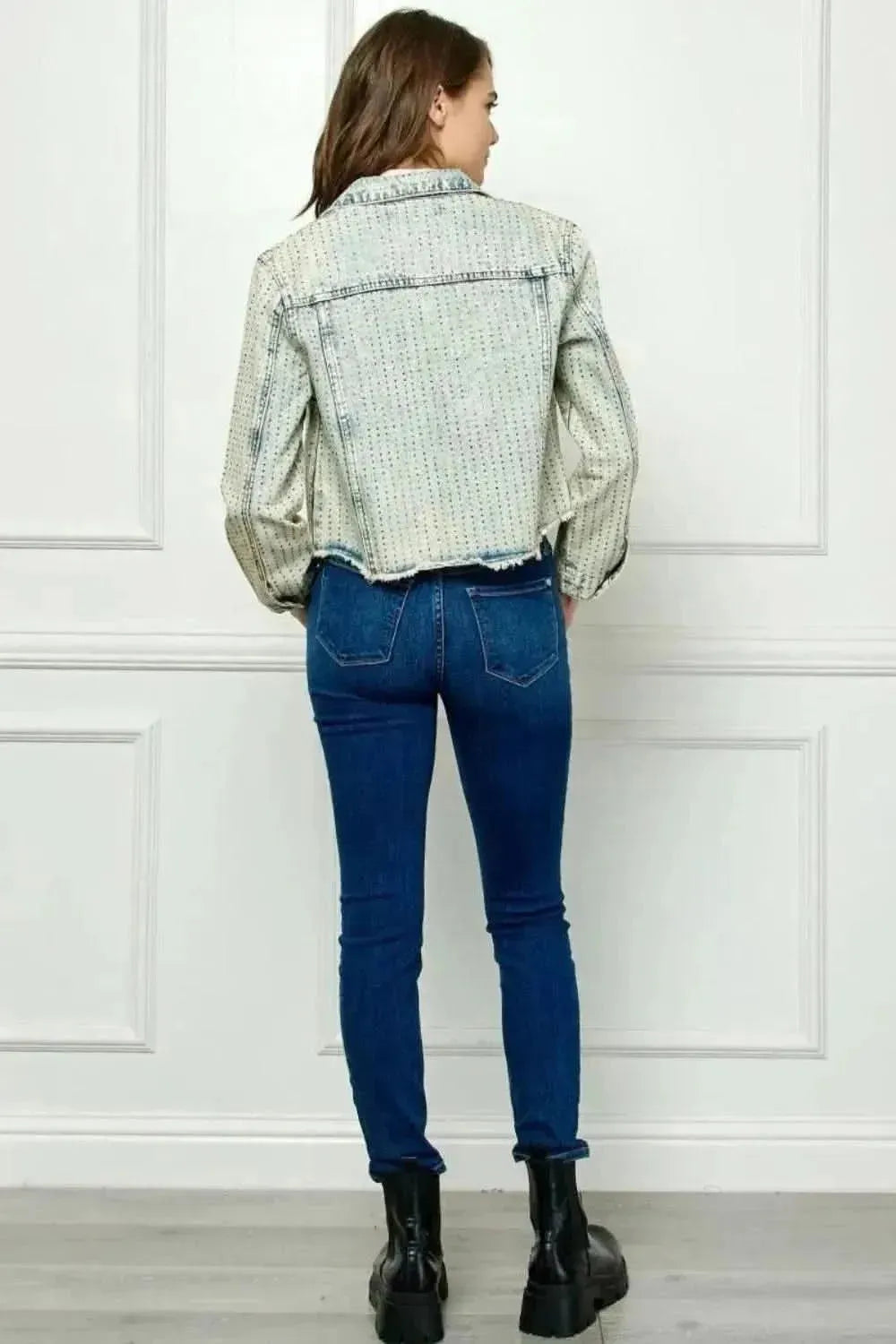Veveret Multi Color Stripe Rhinestone Raw Hem Denim Jacket - Bad Moms Club