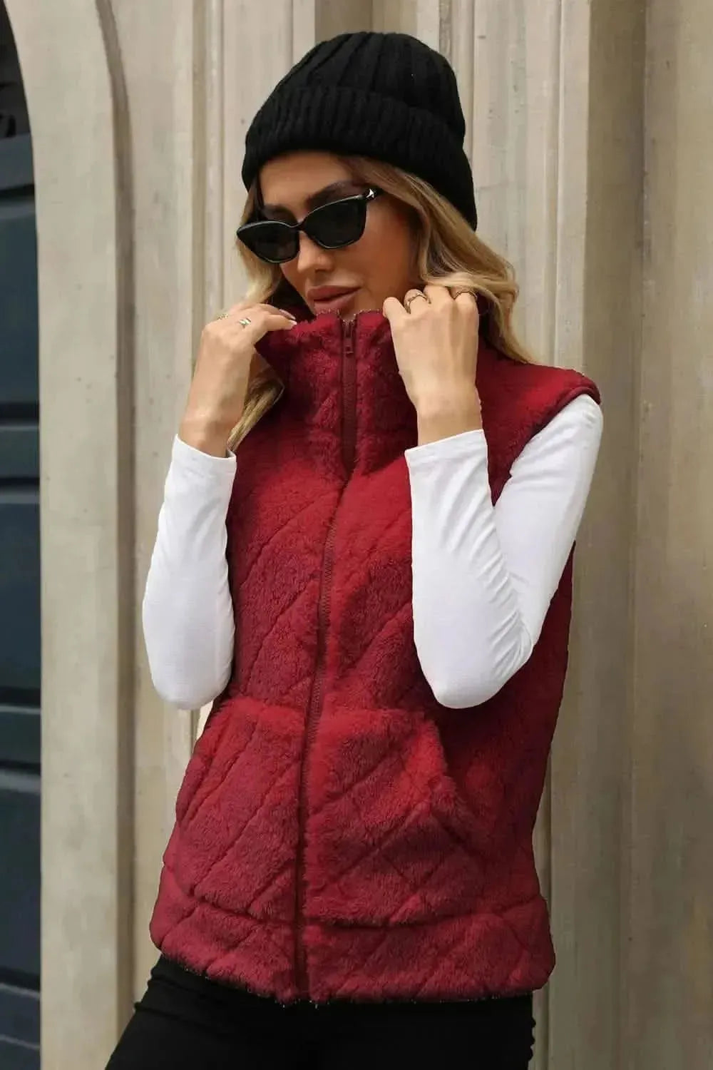 Fuzzy Plaid Texture Zip Up Vest Coat - Bad Moms Club