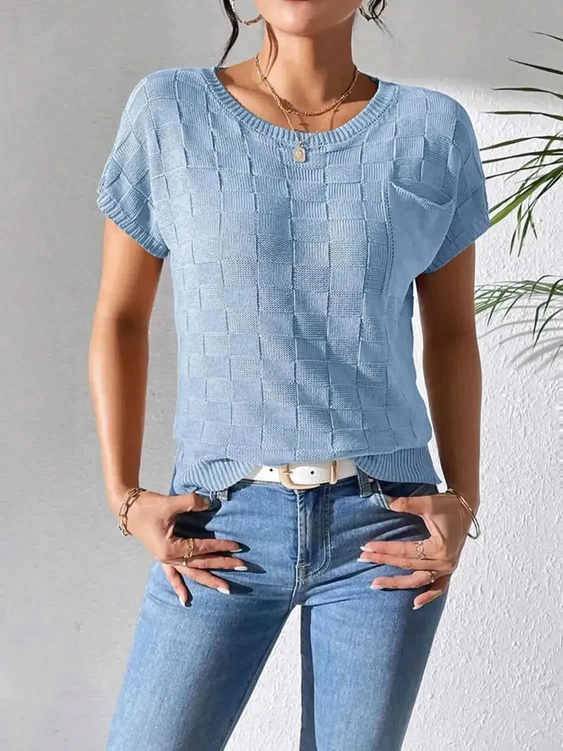 Round Neck Short Sleeve Knit Top - Bad Moms Club