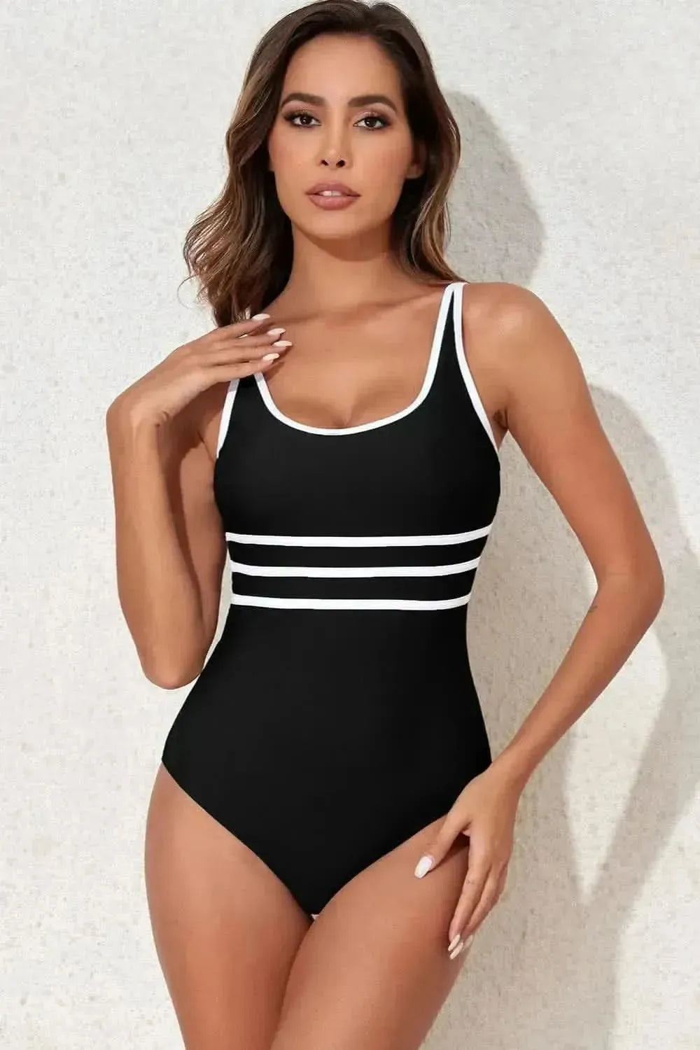 Contrast Trim Scoop Neck One-Piece Swimwear - Bad Moms Club