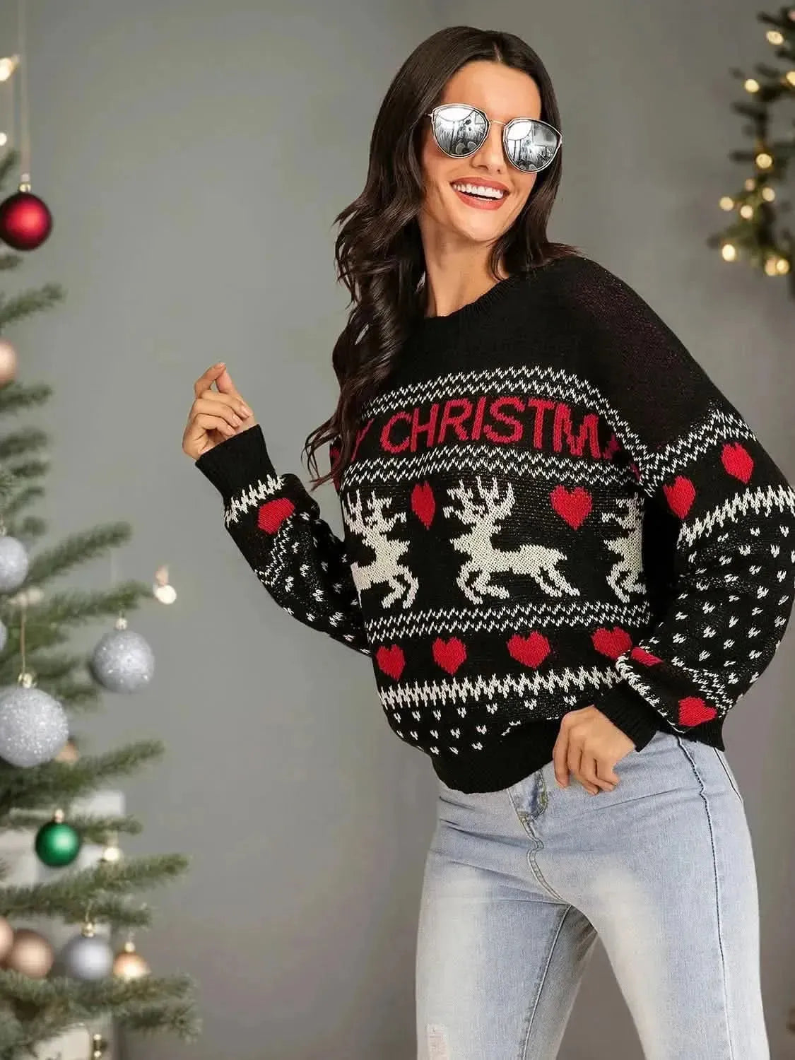Perfee Christmas Element Round Neck Sweater - Bad Moms Club