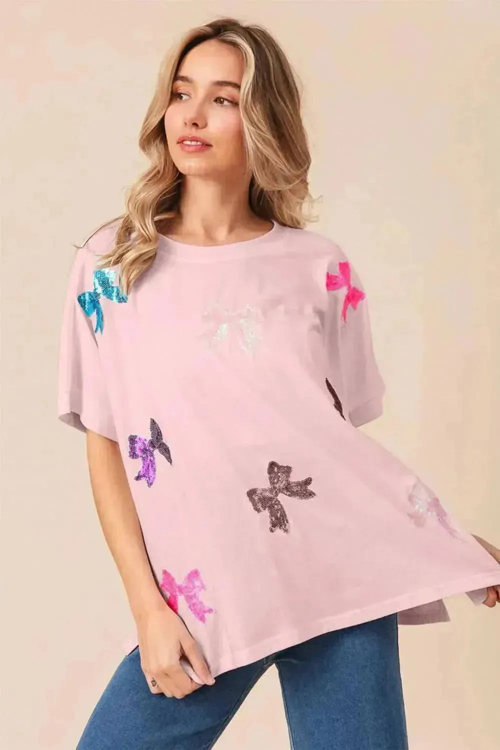 BiBi Sequin Bow Patch Short Sleeve T-Shirt - Bad Moms Club