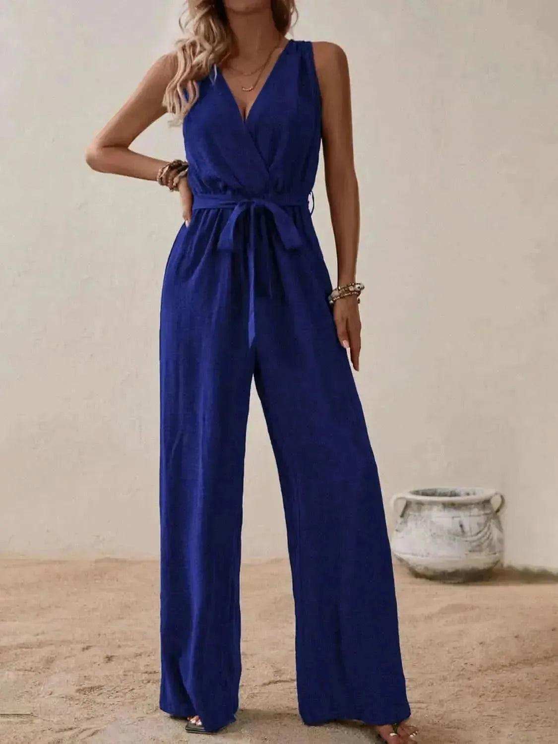 Honey Tied Surplice Sleeveless Wide Leg Jumpsuit - Bad Moms Club