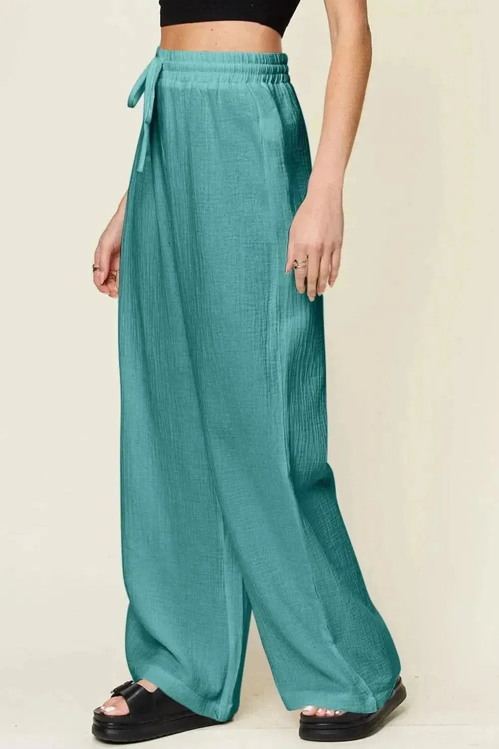 Double Take Full Size Texture Drawstring Wide Leg Pants - Bad Moms Club