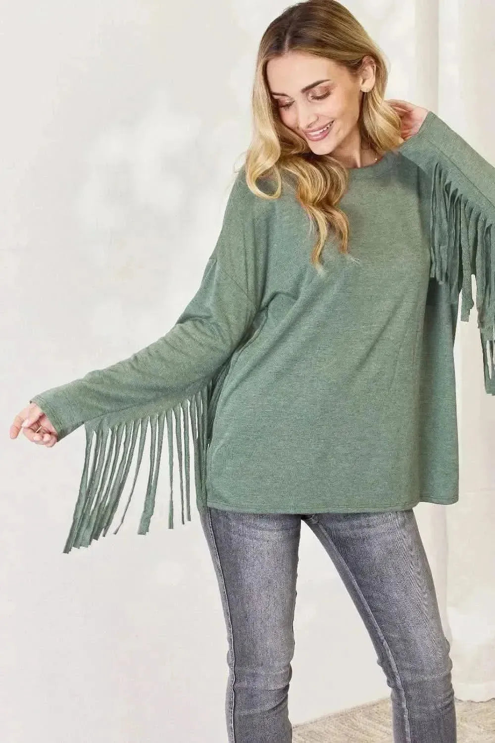Celeste Full Size Fringe Detail Long Sleeve Top - Bad Moms Club