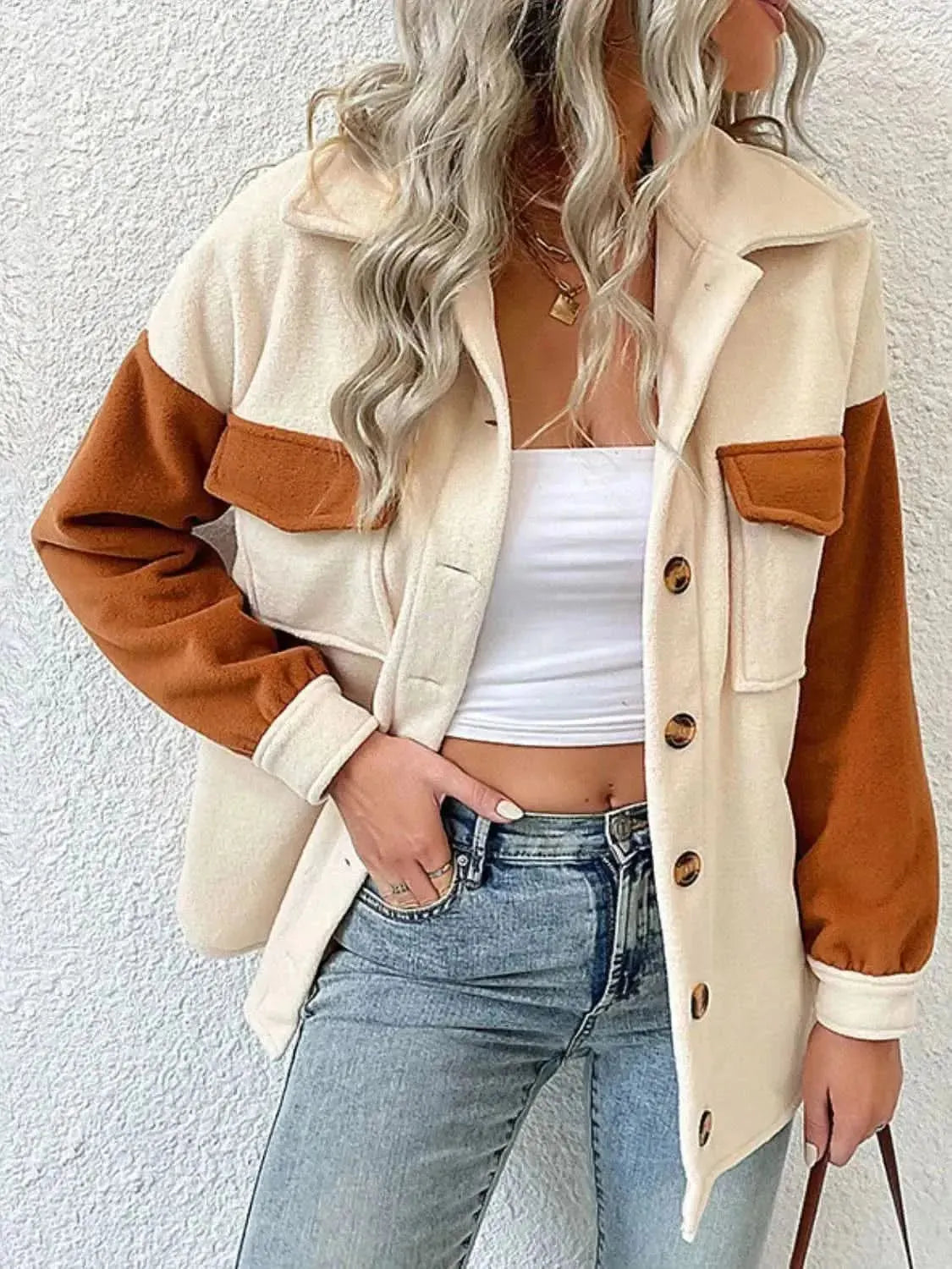 Contrast Button-Up Fleece Jacket - Bad Moms Club