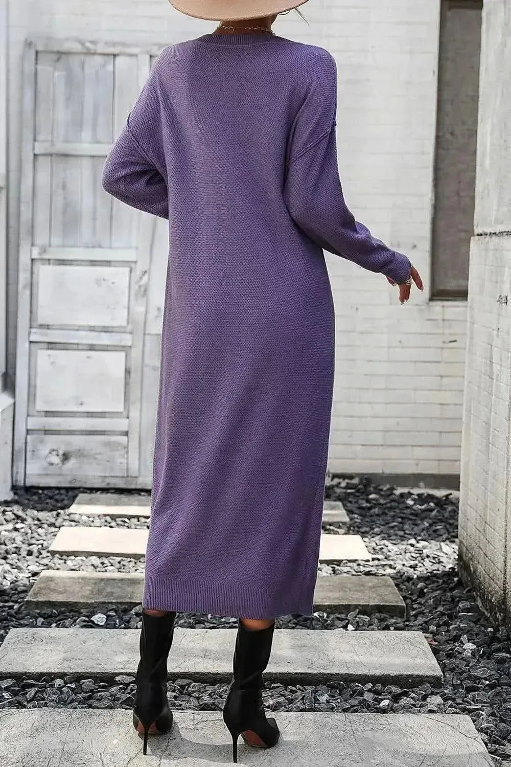 Decorative Button Notched Dropped Shoulder Sweater Dress - Bad Moms Club