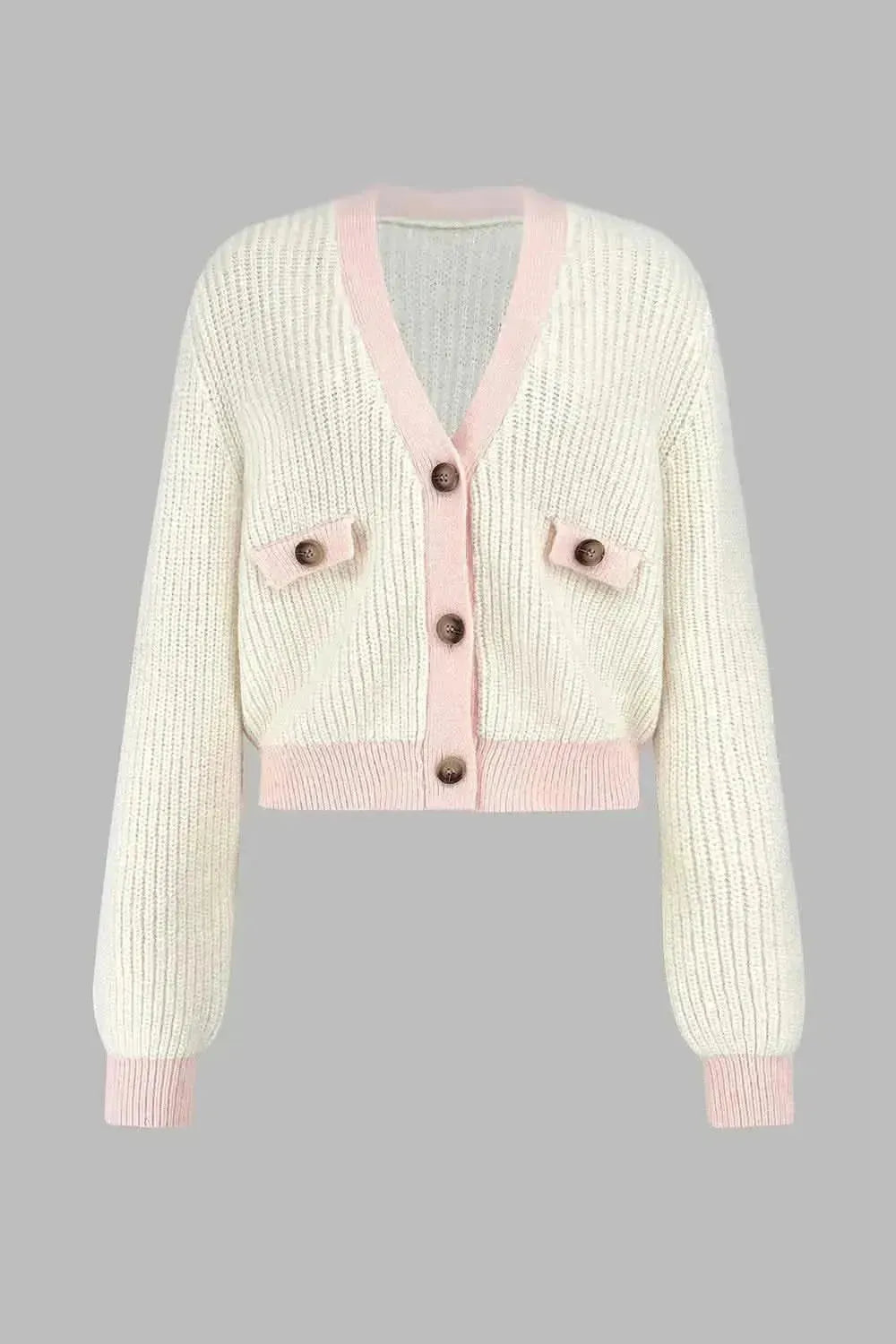 Contrast Trim Button Up Dropped Shoulder Cardigan - Bad Moms Club