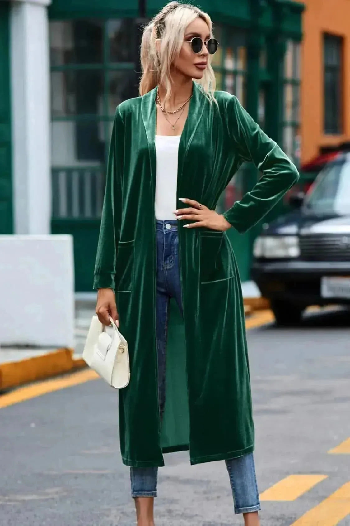 Velvet Open Front Long Cardigan with Pockets - Bad Moms Club