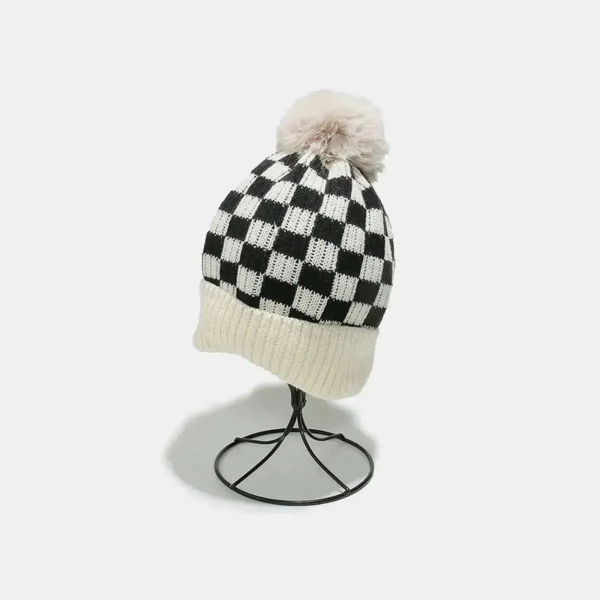 Checkered Knit Hat with Pompom - Bad Moms Club