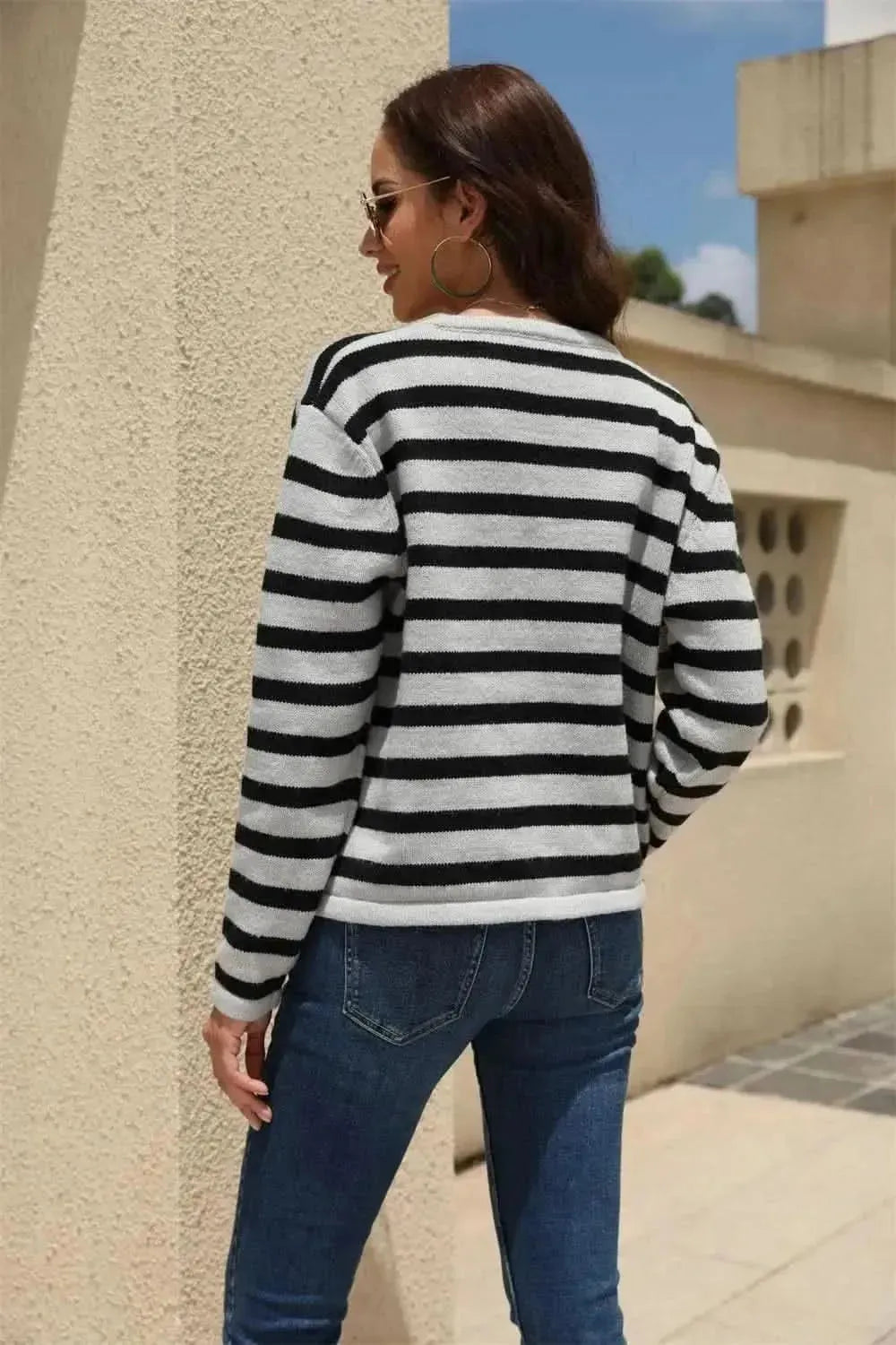 Striped Round Neck Button-Down Dropped Shoulder Cardigan - Bad Moms Club