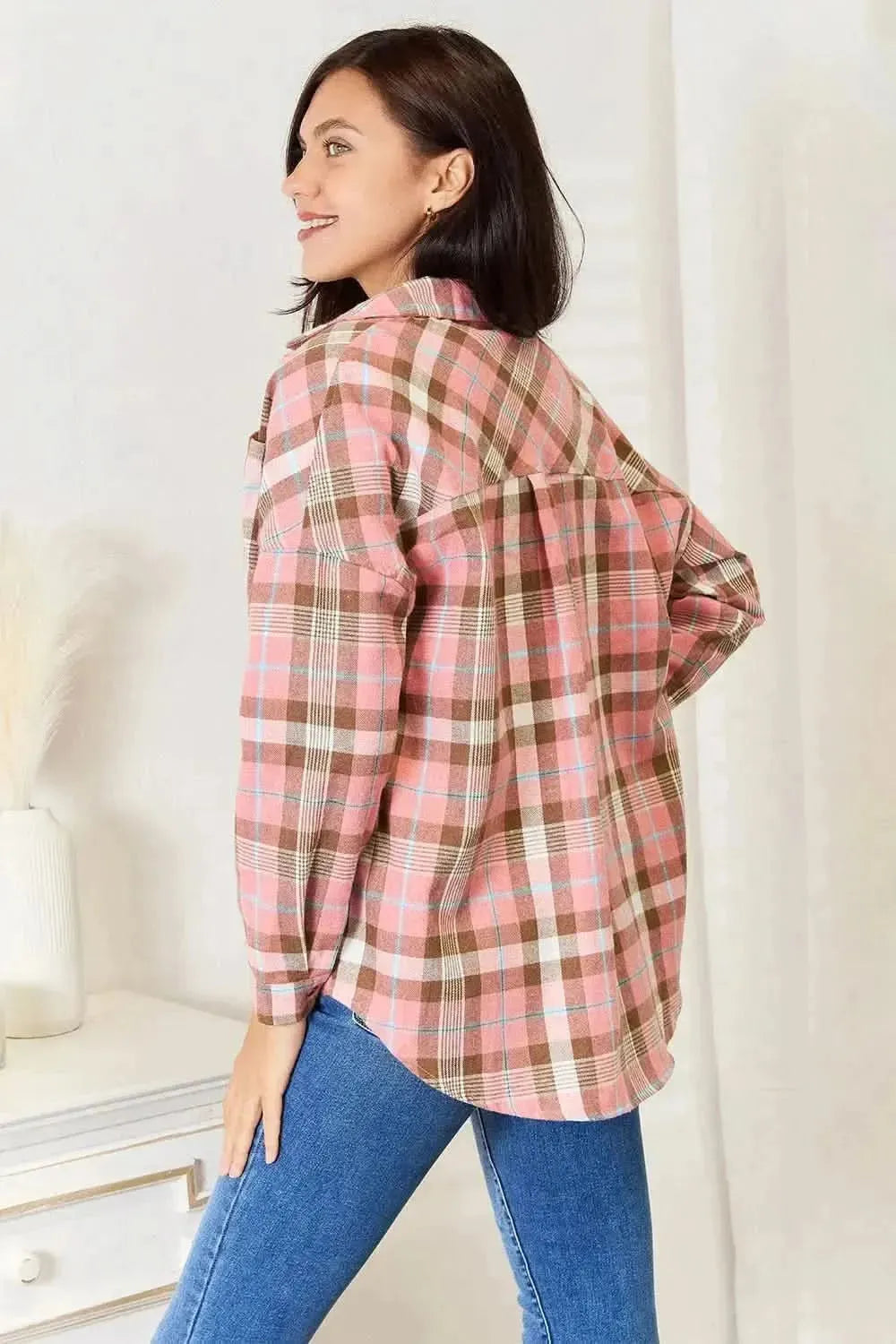 Double Take Plaid Collared Neck Long Sleeve Button-Up Shirt - Bad Moms Club