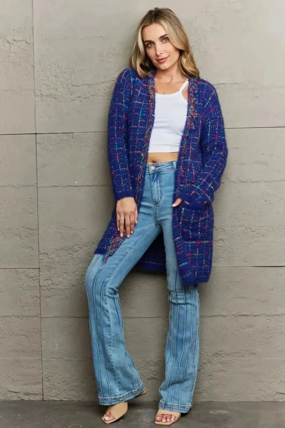 Plaid Fringe Trim Open Front Longline Cardigan - Bad Moms Club
